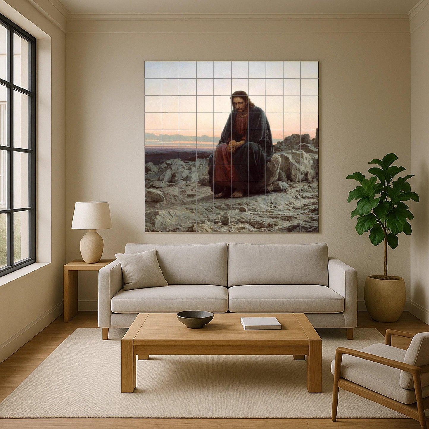 Tile mural of Jesus in the desert – Christ contemplation panel – Sacred Lenten ceramics – Spiritual landscape mural art for spaces of reflection