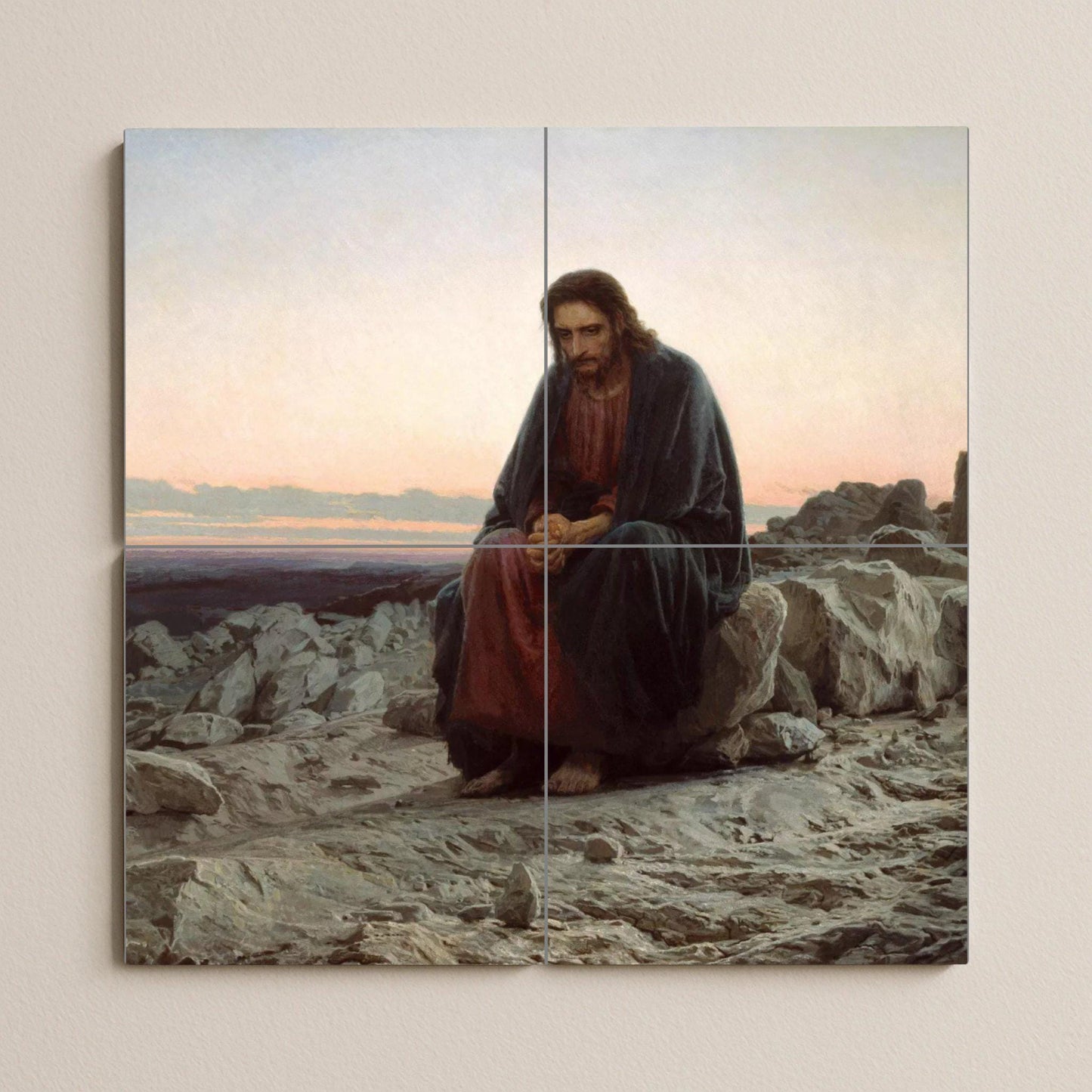 Tile mural of Jesus in the desert – Christ contemplation panel – Sacred Lenten ceramics – Spiritual landscape mural art for spaces of reflection
