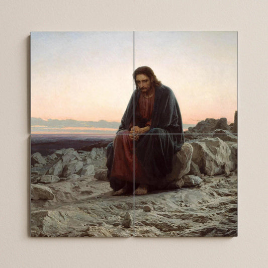 Tile mural of Jesus in the desert – Christ contemplation panel – Sacred Lenten ceramics – Spiritual landscape mural art for spaces of reflection