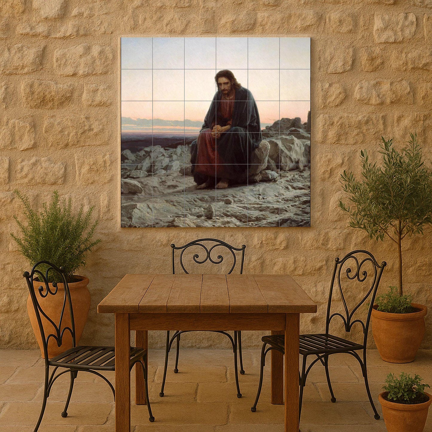 Tile mural of Jesus in the desert – Christ contemplation panel – Sacred Lenten ceramics – Spiritual landscape mural art for spaces of reflection