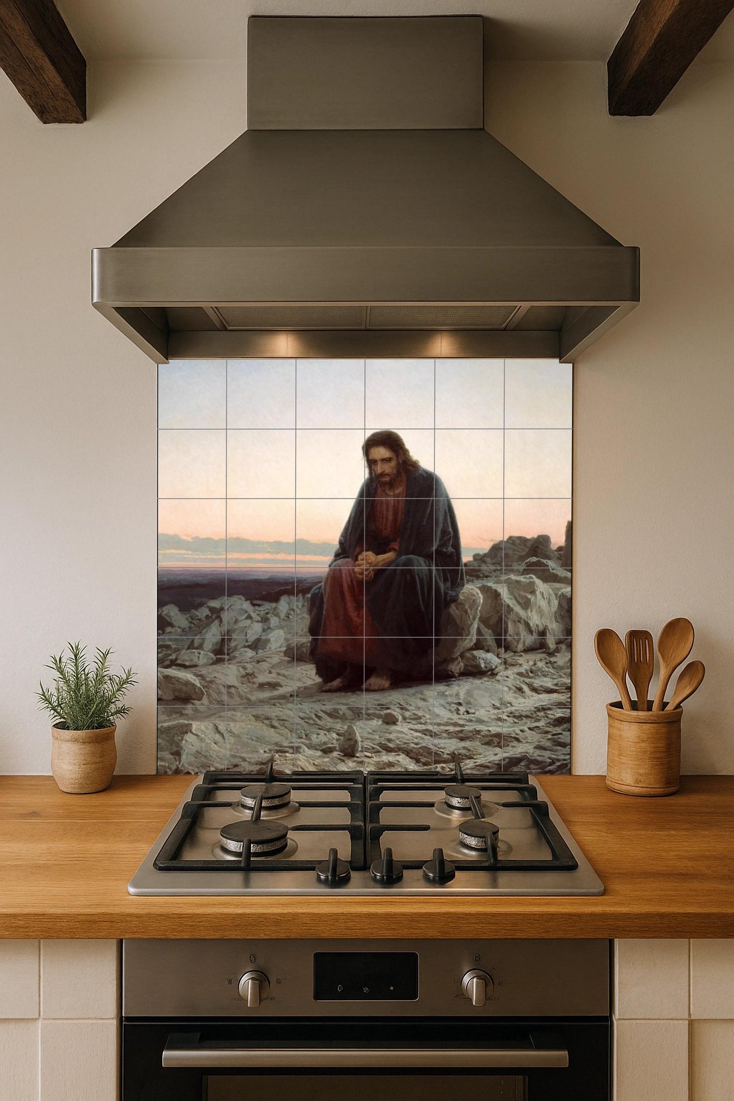 Tile mural of Jesus in the desert – Christ contemplation panel – Sacred Lenten ceramics – Spiritual landscape mural art for spaces of reflection