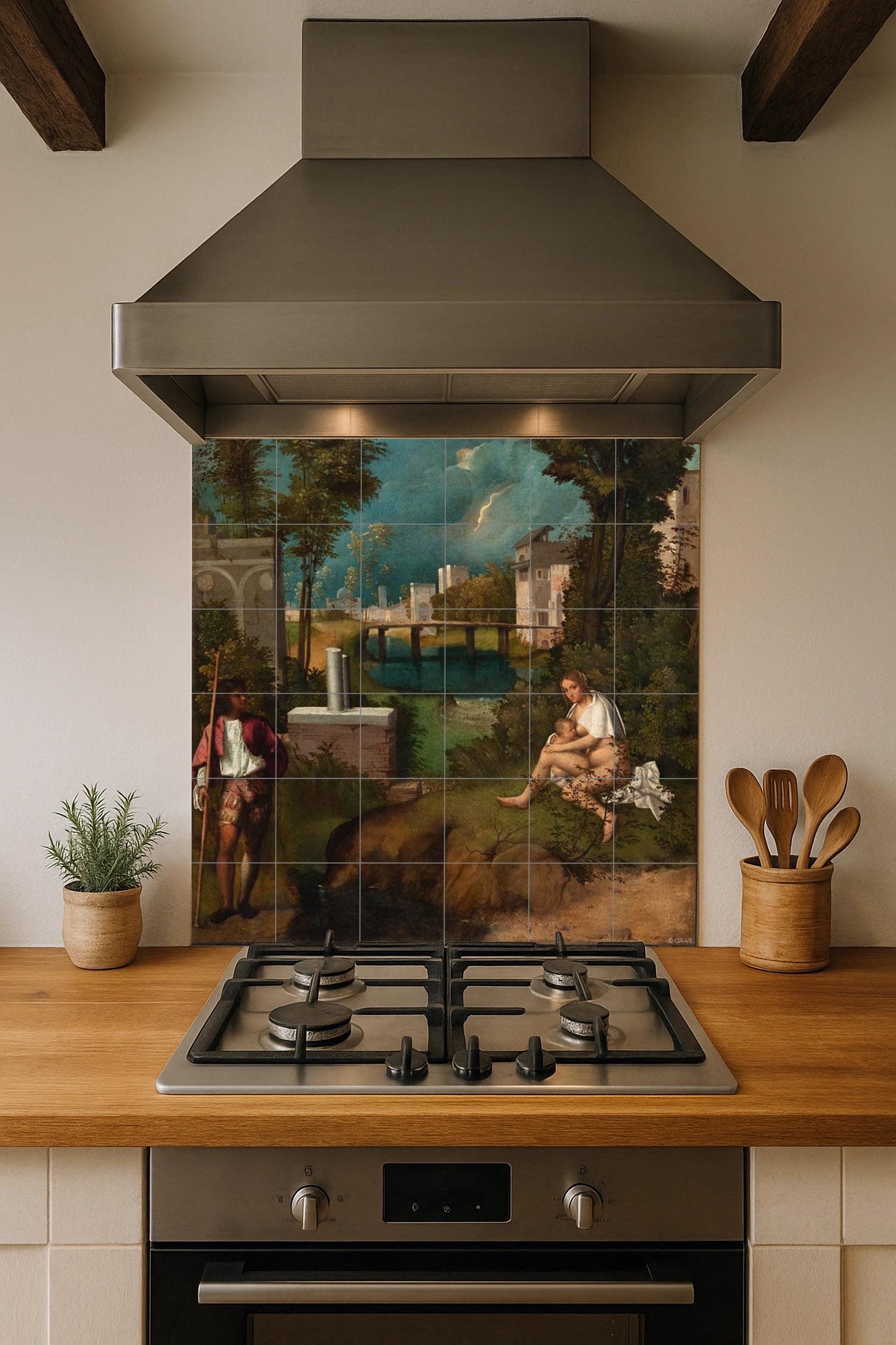 Giorgione's The Tempest tile mural – Venetian Renaissance panel – Ceramic with a mysterious landscape – Symbolic art for classic interiors