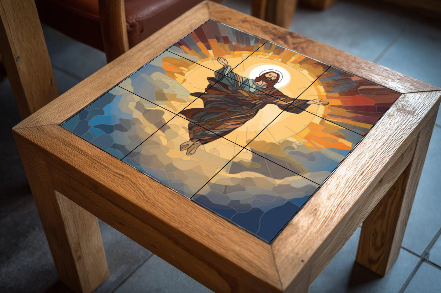Christ Resurrected Tile Mural – Modern Sacred Ceramic Panel – Radiant Ascension Artwork – Christian Wall Art for Contemporary Interiors