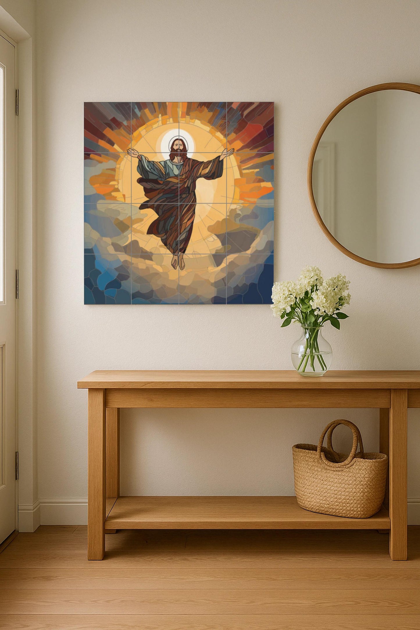 Christ Resurrected Tile Mural – Modern Sacred Ceramic Panel – Radiant Ascension Artwork – Christian Wall Art for Contemporary Interiors
