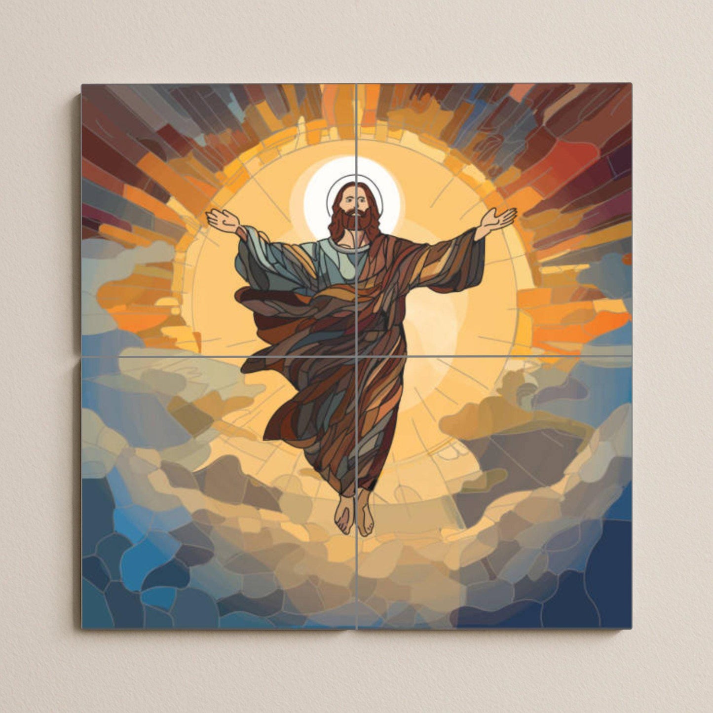 Christ Resurrected Tile Mural – Modern Sacred Ceramic Panel – Radiant Ascension Artwork – Christian Wall Art for Contemporary Interiors