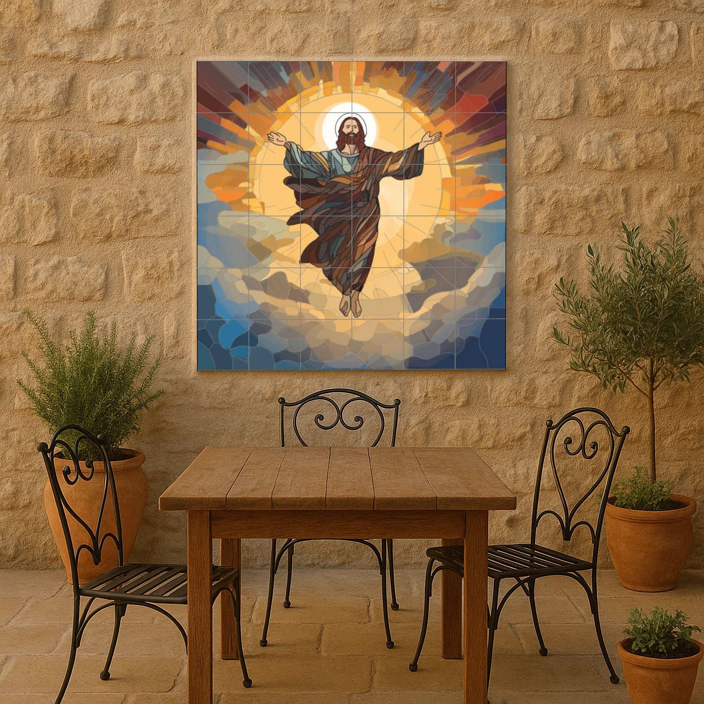 Christ Resurrected Tile Mural – Modern Sacred Ceramic Panel – Radiant Ascension Artwork – Christian Wall Art for Contemporary Interiors