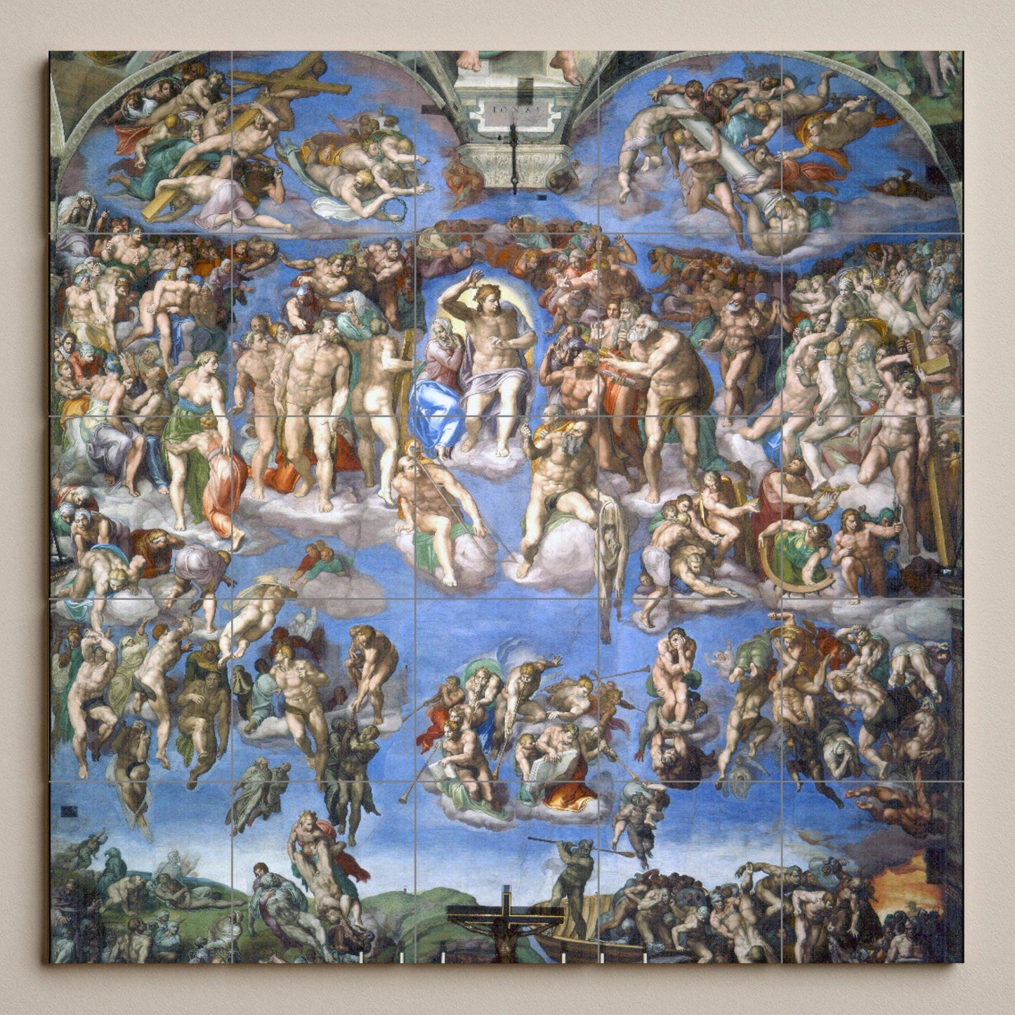 Tile mural of the Last Judgment – Panel from Michelangelo's Sistine Chapel – Renaissance ceramic masterpiece – Sacred art for classic interiors
