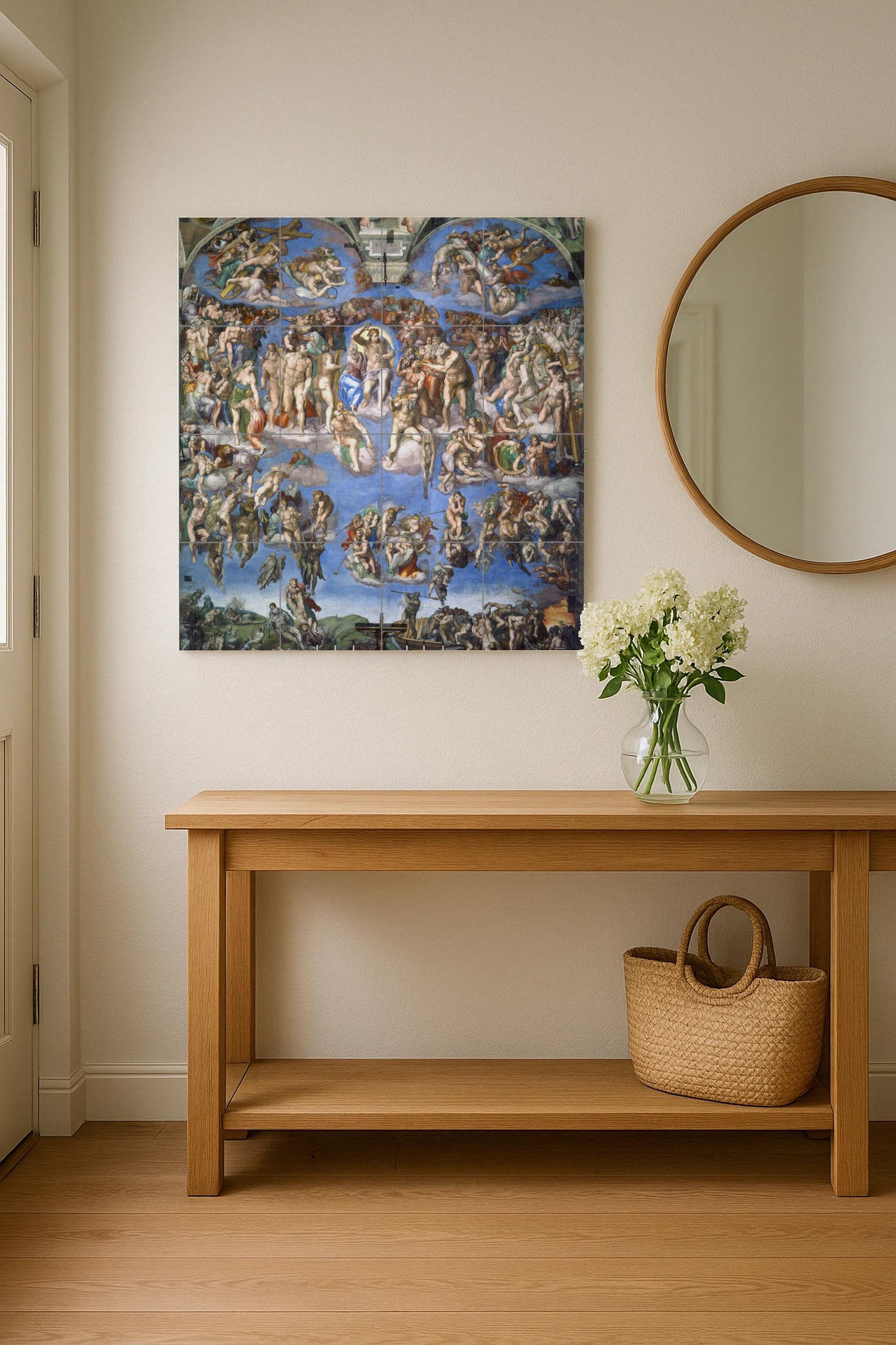 Tile mural of the Last Judgment – Panel from Michelangelo's Sistine Chapel – Renaissance ceramic masterpiece – Sacred art for classic interiors