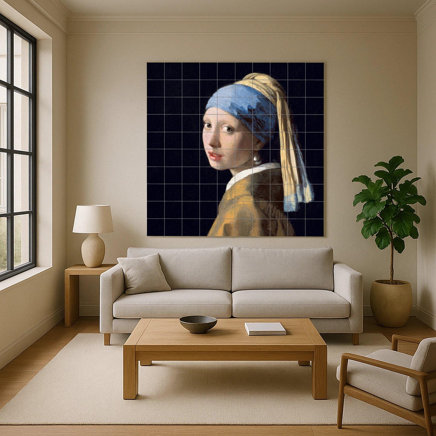 Tile mural of The Girl with a Pearl Earring – Panel of Vermeer's masterpiece – Baroque portrait on ceramic – Classic Dutch art for elegant interiors