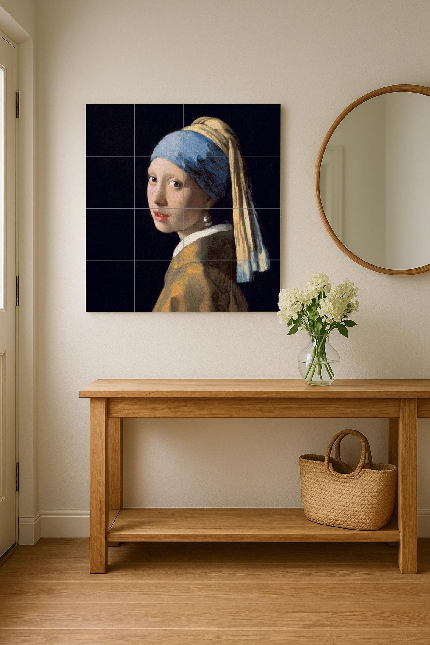 Tile mural of The Girl with a Pearl Earring – Panel of Vermeer's masterpiece – Baroque portrait on ceramic – Classic Dutch art for elegant interiors