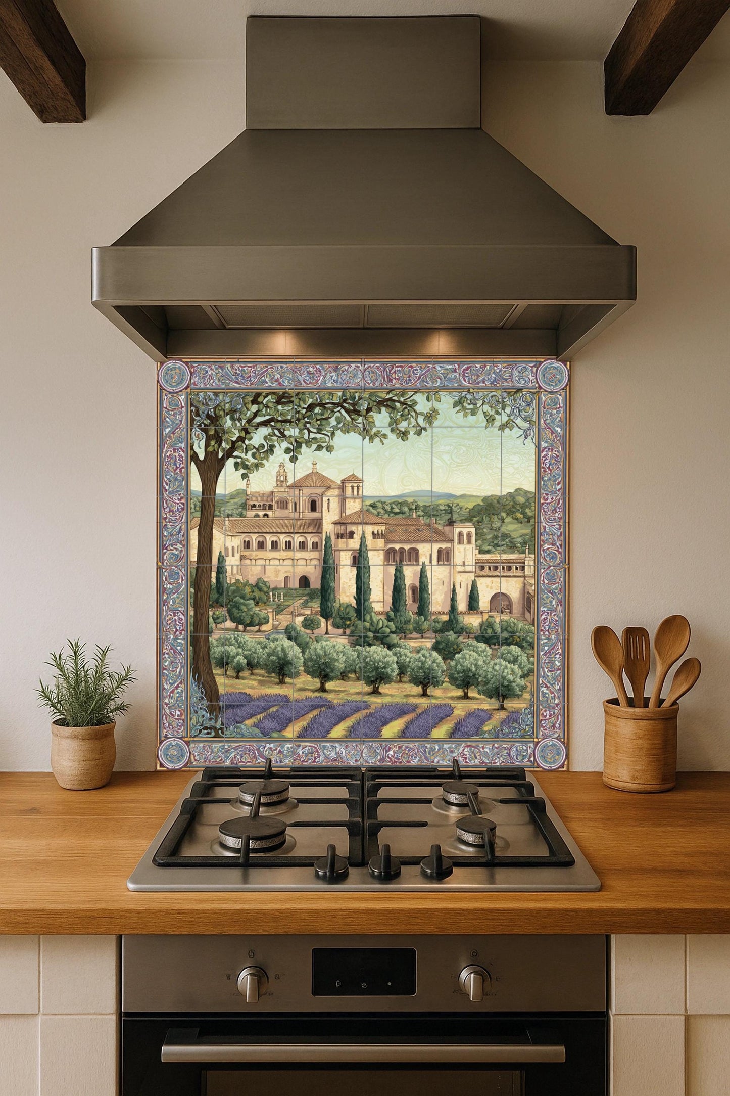 Poblet Monastery tile mural – Catalan heritage ceramic panel – Lavender field scene – Medieval abbey wall art for rustic interiors
