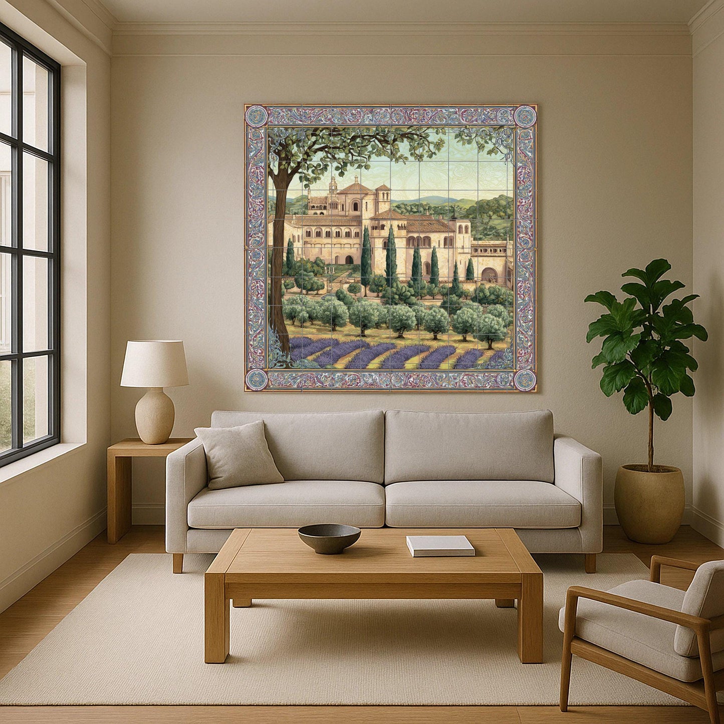 Poblet Monastery tile mural – Catalan heritage ceramic panel – Lavender field scene – Medieval abbey wall art for rustic interiors