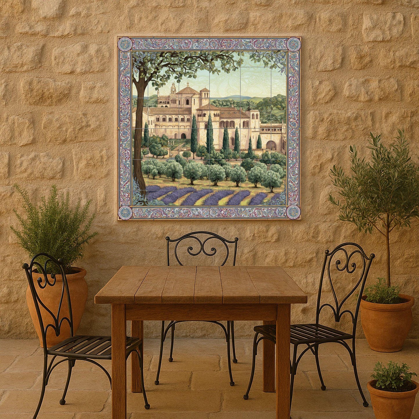 Poblet Monastery tile mural – Catalan heritage ceramic panel – Lavender field scene – Medieval abbey wall art for rustic interiors