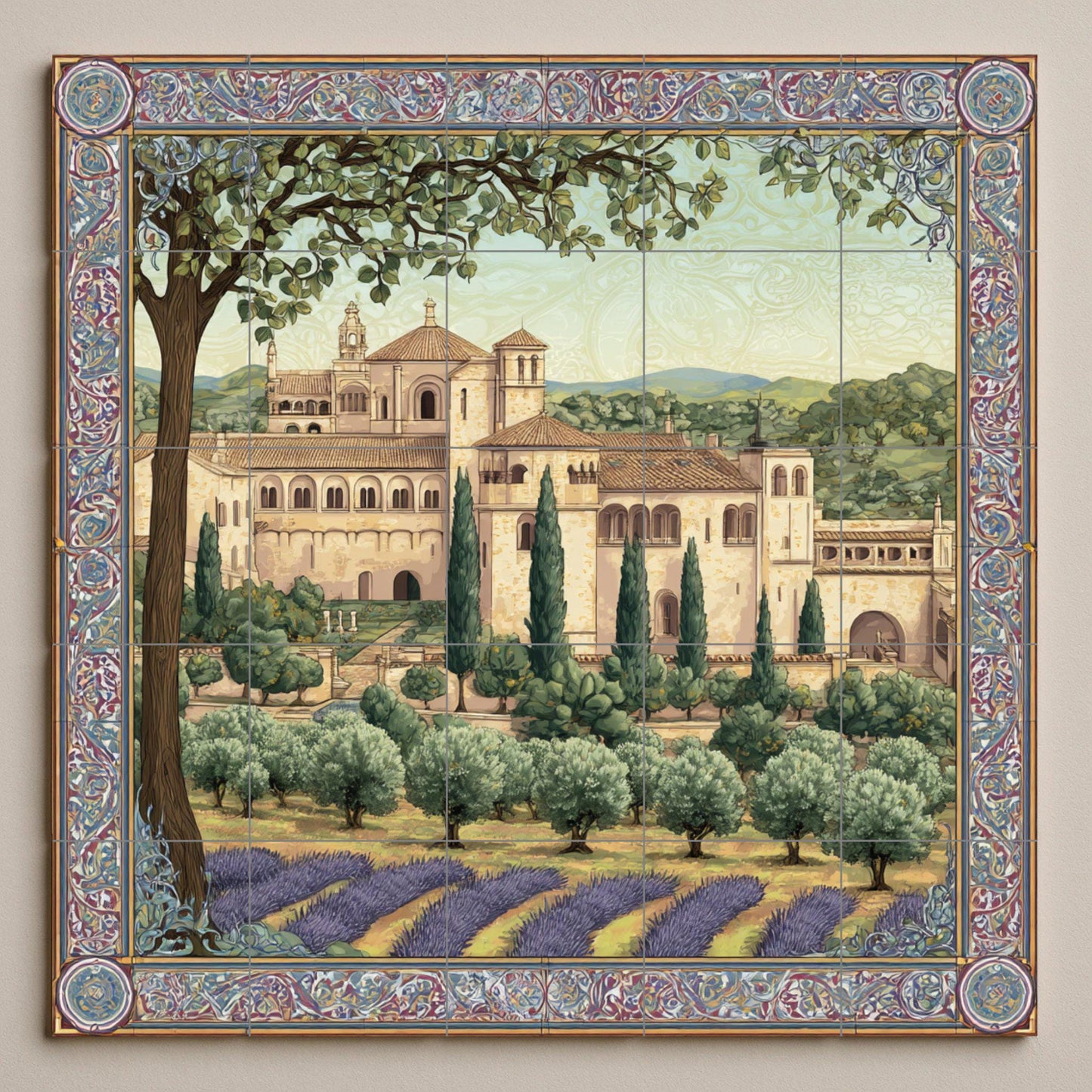 Poblet Monastery tile mural – Catalan heritage ceramic panel – Lavender field scene – Medieval abbey wall art for rustic interiors