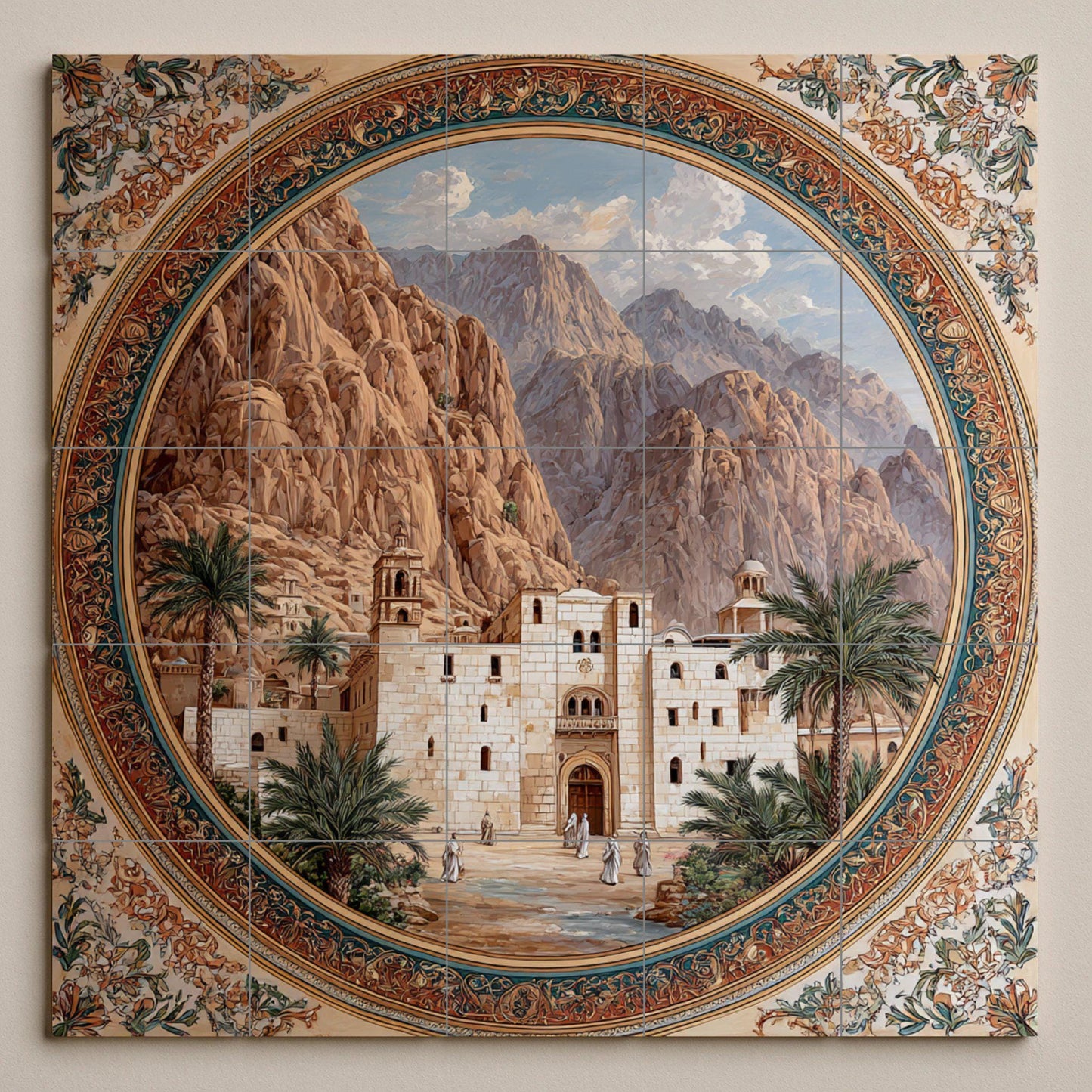 Tile mural of the Monastery of Saint Catherine – Ceramic panel of Holy Sinai – Historic desert architecture – Byzantine heritage mural decoration