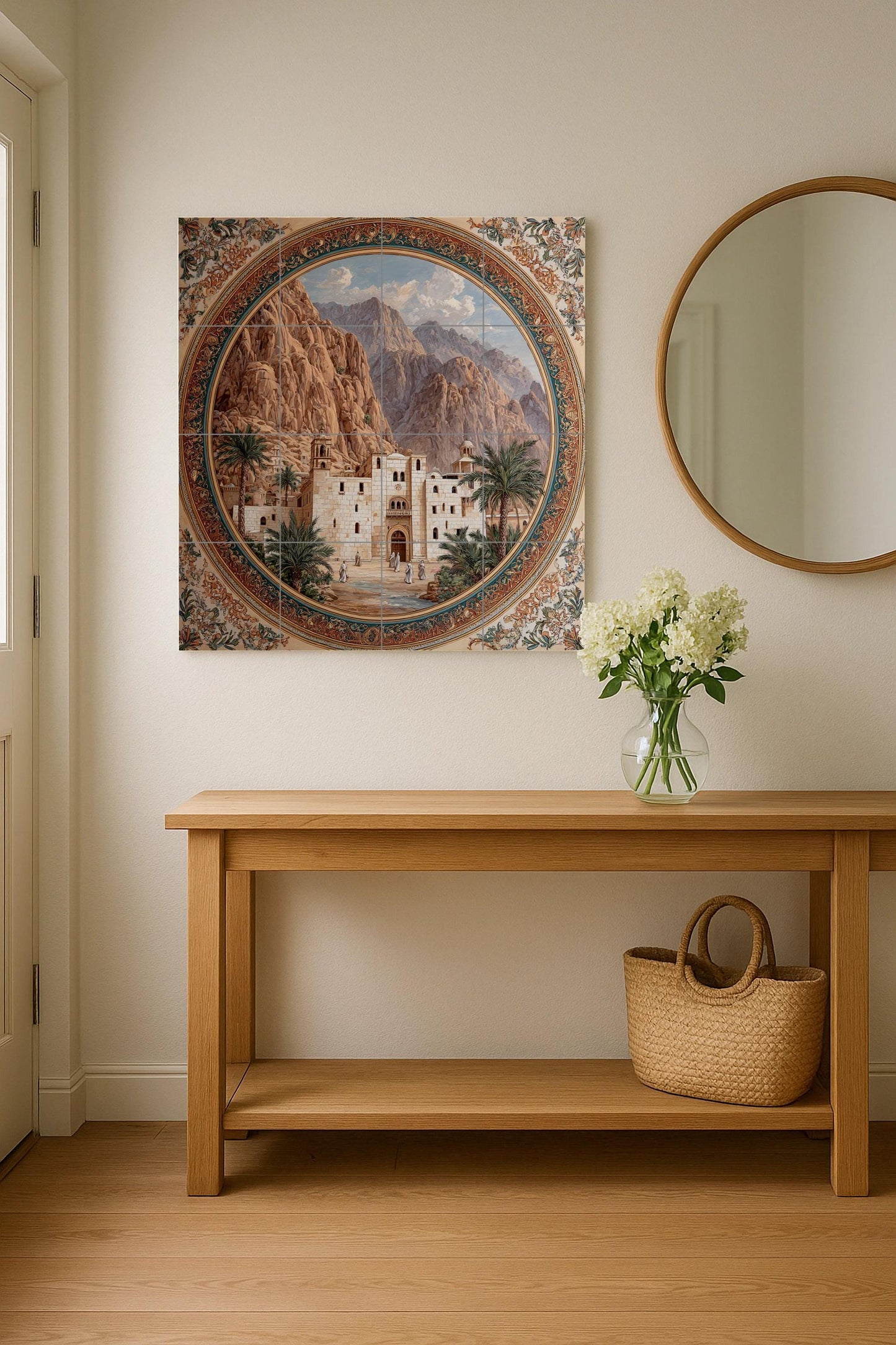 Tile mural of the Monastery of Saint Catherine – Ceramic panel of Holy Sinai – Historic desert architecture – Byzantine heritage mural decoration