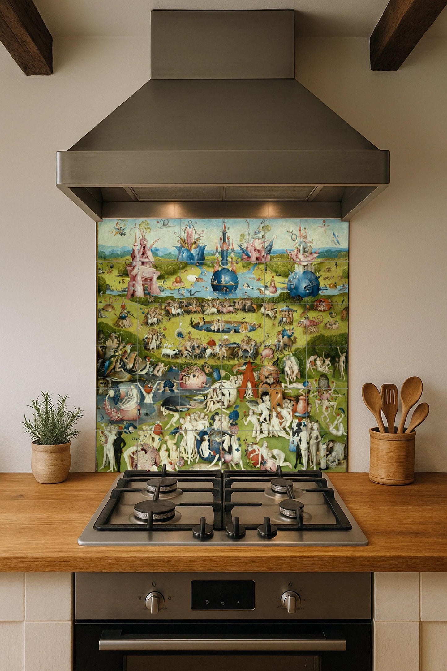 Tile mural of the Garden of Earthly Delights by Hieronymus Bosch: surrealist Renaissance panel, fantasy ceramic mural art, mythical scene for intriguing interiors