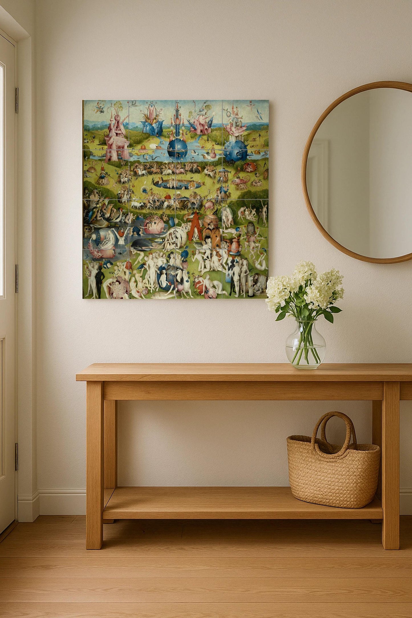 Tile mural of the Garden of Earthly Delights by Hieronymus Bosch: surrealist Renaissance panel, fantasy ceramic mural art, mythical scene for intriguing interiors