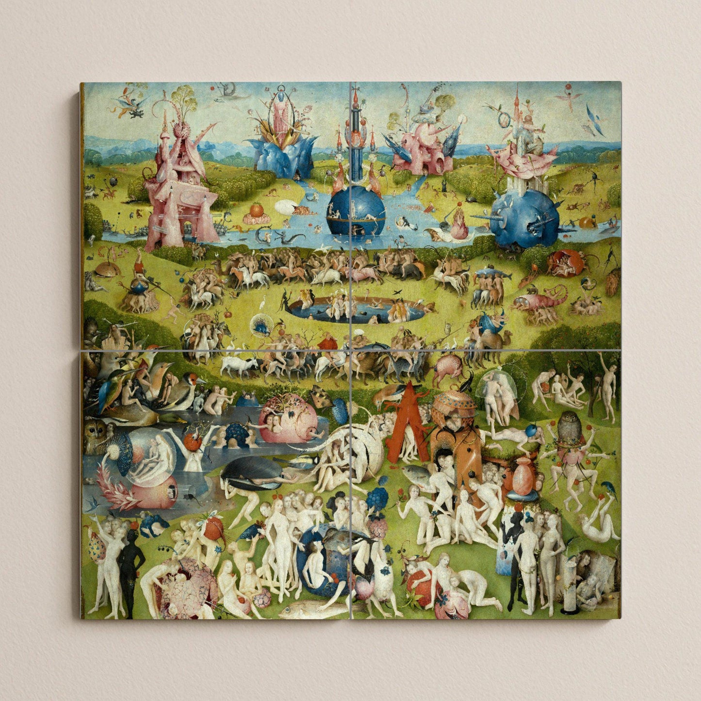 Tile mural of the Garden of Earthly Delights by Hieronymus Bosch: surrealist Renaissance panel, fantasy ceramic mural art, mythical scene for intriguing interiors