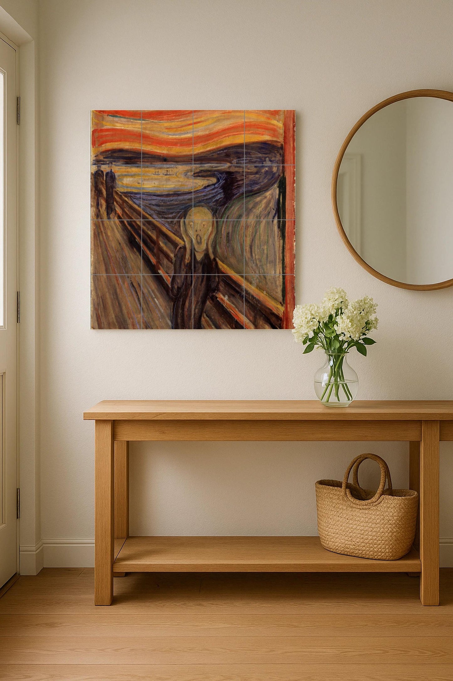 Munch's "The Scream" tile mural: an expressionist ceramic panel, a dramatic artistic detail for the wall, a modern and unsettling decoration for bold interiors.