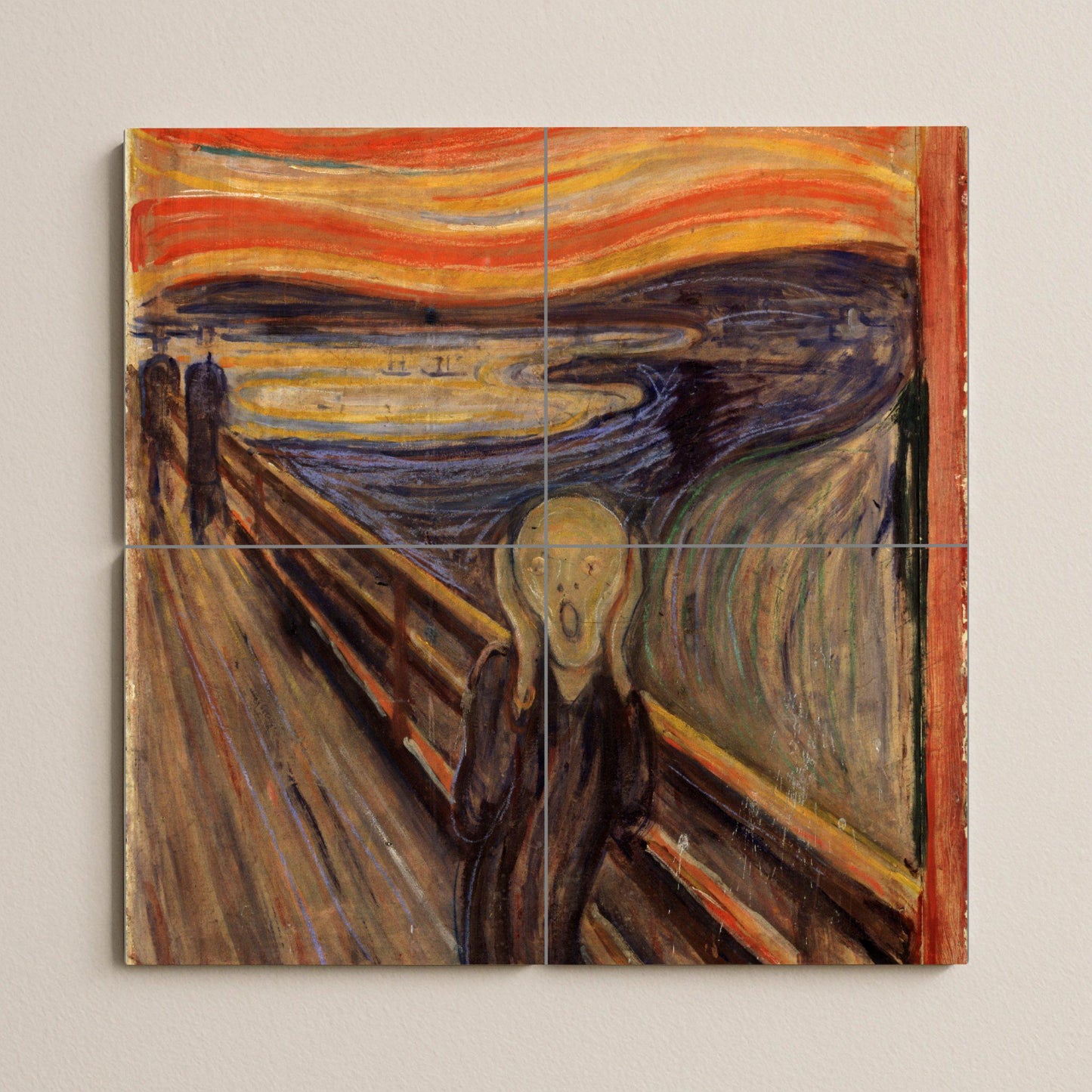 Munch's "The Scream" tile mural: an expressionist ceramic panel, a dramatic artistic detail for the wall, a modern and unsettling decoration for bold interiors.