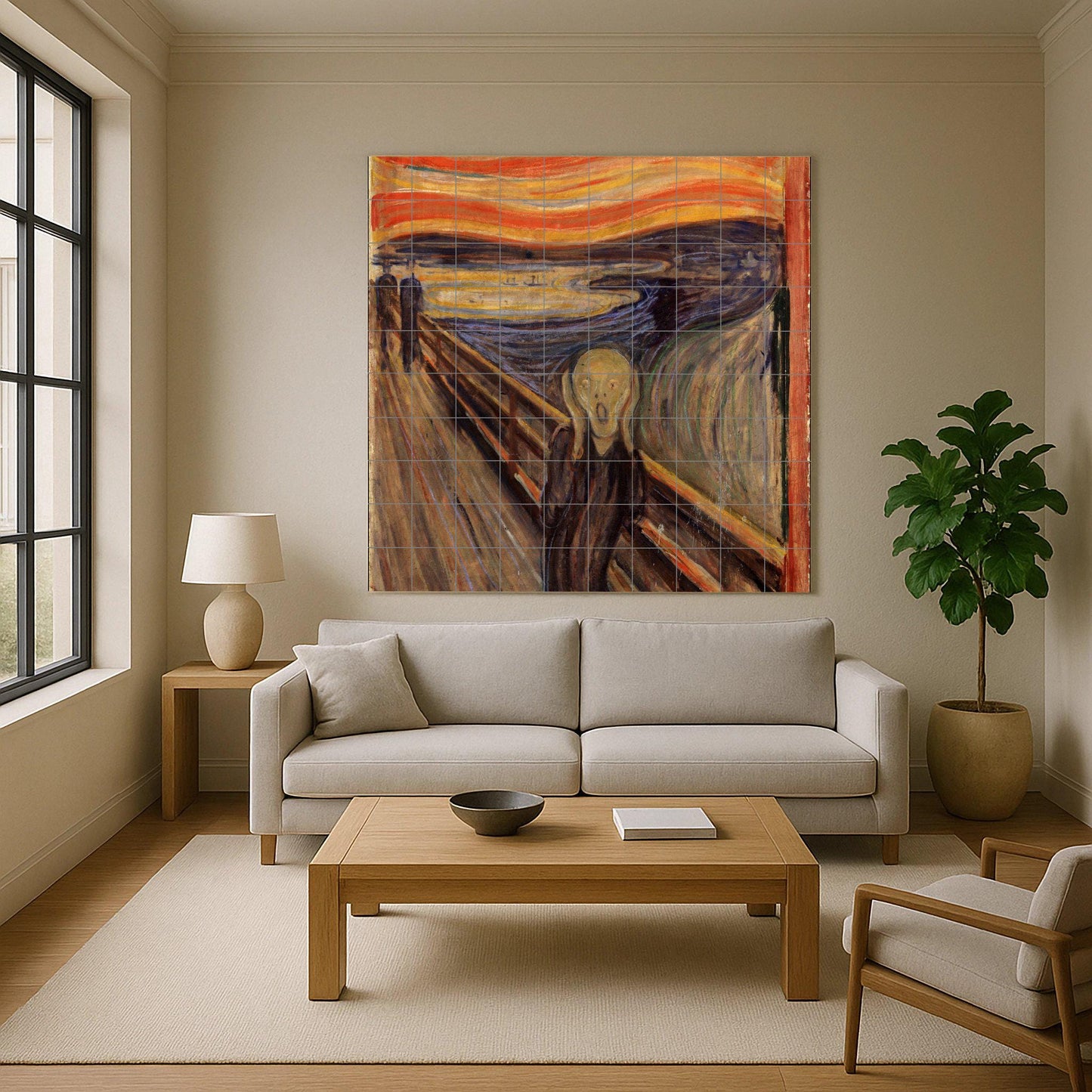 Munch's "The Scream" tile mural: an expressionist ceramic panel, a dramatic artistic detail for the wall, a modern and unsettling decoration for bold interiors.