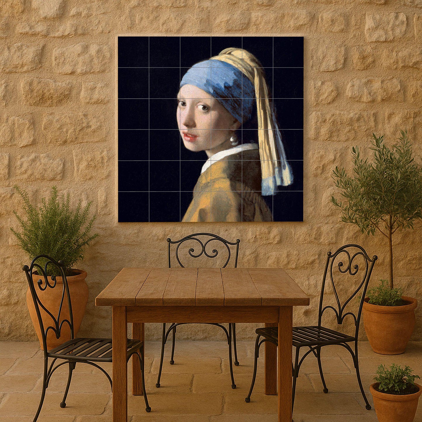 Tile mural of The Girl with a Pearl Earring – Panel of Vermeer's masterpiece – Baroque portrait on ceramic – Classic Dutch art for elegant interiors