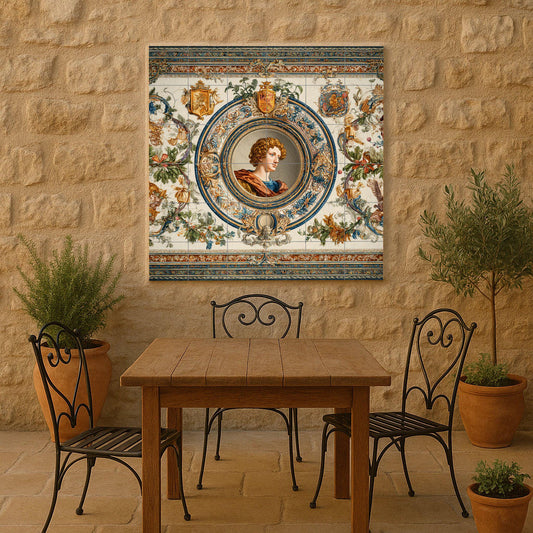 Renaissance portrait tile mural: medallion style ceramic panel, ornate classical wall art, heraldic and floral details for elegant homes.