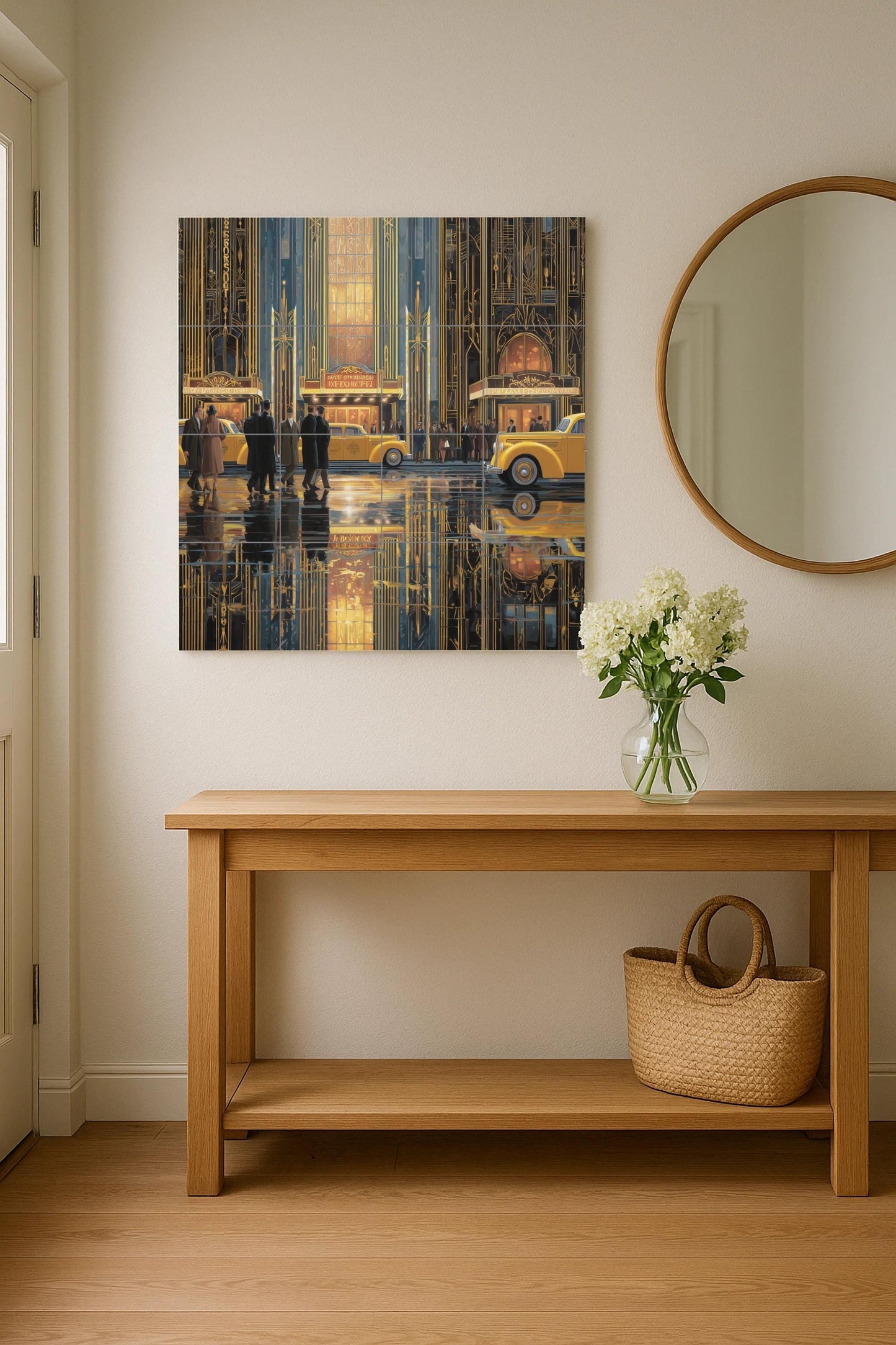New York Art Deco Tile Mural: Golden Age cityscape mosaic with theater lights and yellow taxis for kitchen backsplash and vintage hallway decor.