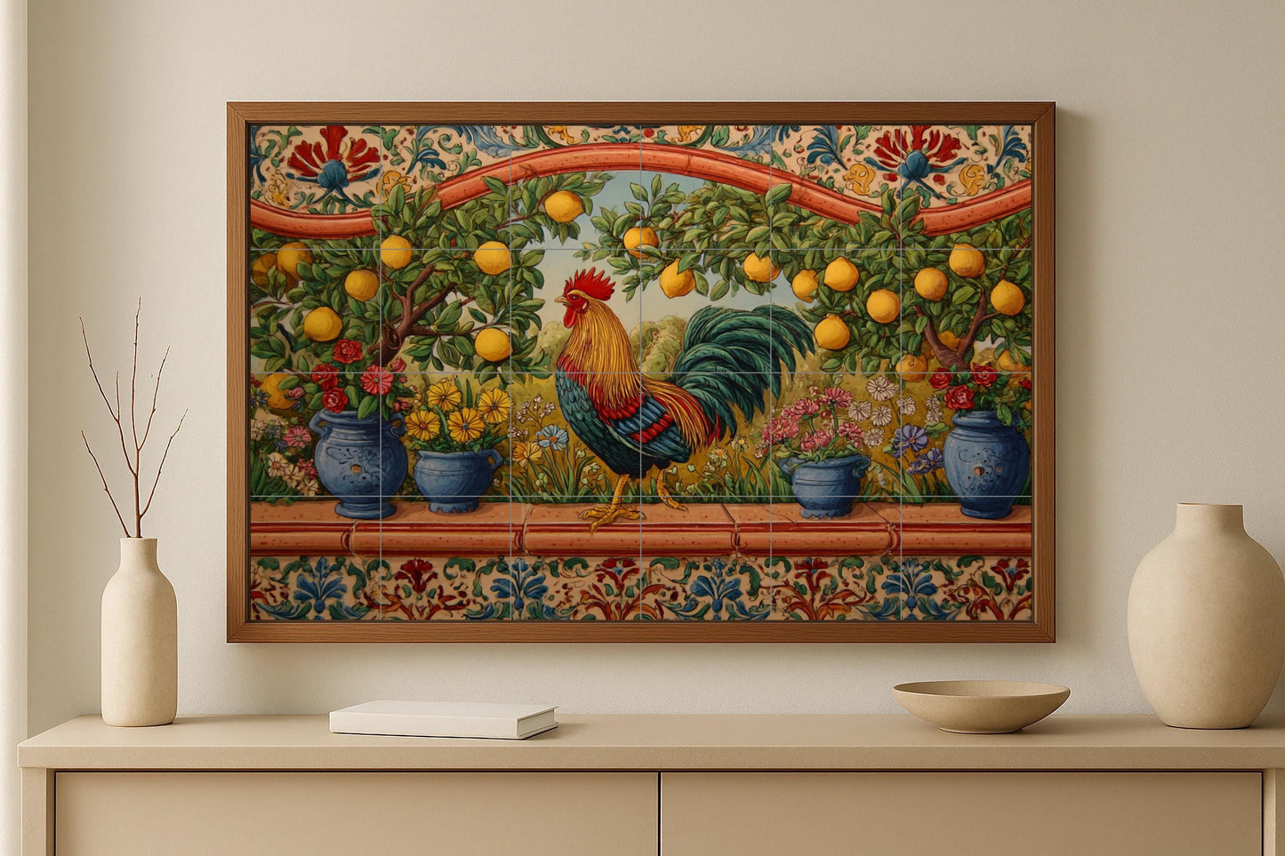 Rooster mural • Mediterranean lemon tile mural art • Sicilian garden decor • Andalusian ceramic panel • Provençal flowers • Folk kitchen scene