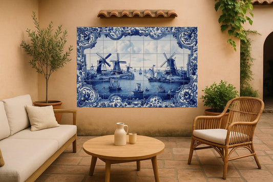 Delft Blue Tile Mural • Elegant Wall Art with Windmill and Boat • Traditional Ceramic Landscape • Classic Vintage Wall Panel Decor
