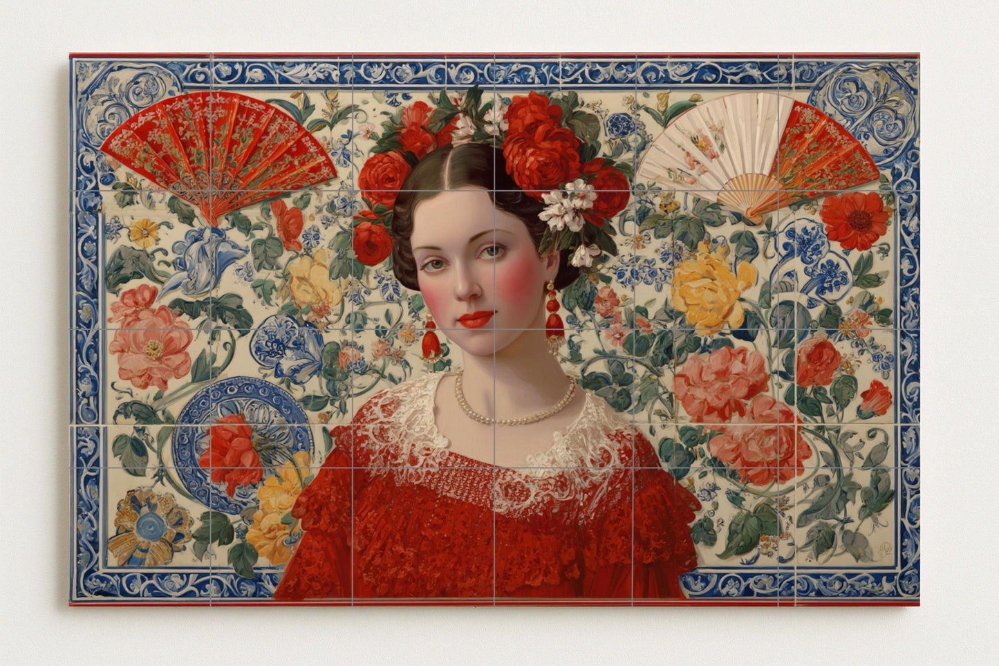 Mural of a Sevillian woman • Spanish folk tile mural art • Floral majolica portrait • Andalusian lace panel • Ceramic decoration with a flamenco fan