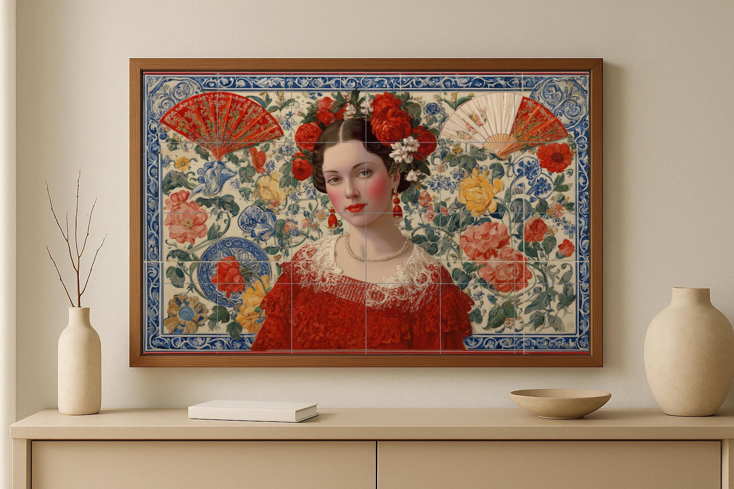 Mural of a Sevillian woman • Spanish folk tile mural art • Floral majolica portrait • Andalusian lace panel • Ceramic decoration with a flamenco fan