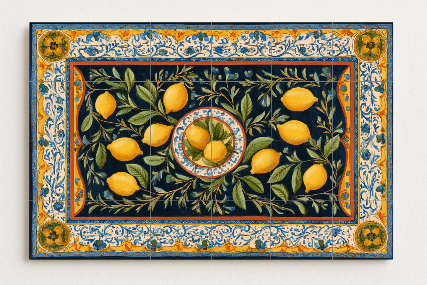 Lemon tile mural • Ceramic wall art with citrus border • Ornamental fruit panel • Mediterranean kitchen decor • Citrus grove design