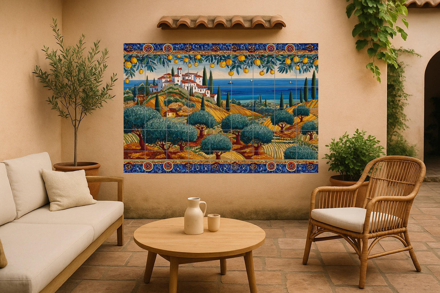 Altea Mural • Costa Blanca Tile Mural Art • Mediterranean Hillside Decoration • Spanish Lemon Tree Panel • White Village Ceramic Landscape