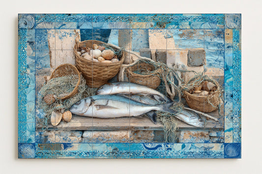 Aegean Fish Mural • Tile Wall Art with Greek Seafood Motifs • Rustic Dock Decor • Mediterranean Net Panel • Coastal Seafood Ceramics