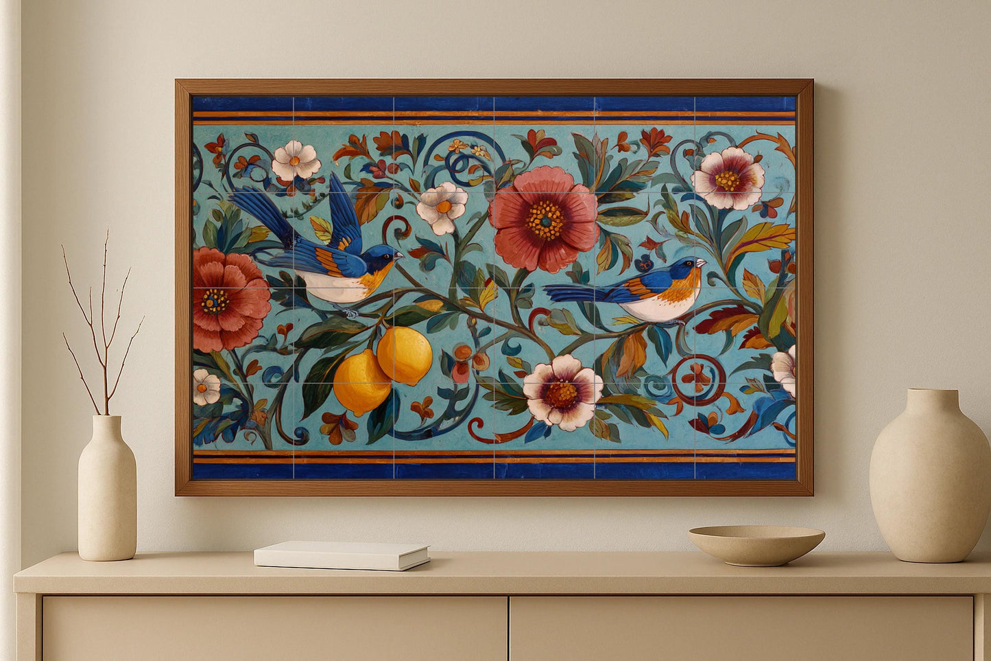 Sicilian garden mural • Lemon tree tile wall art • Bluebird floral decoration • Mediterranean orchard panel • Italian scroll ceramic