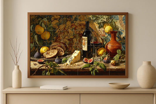 Winery mural • Gourmet cheese tile mural art • Figs and bread • Rustic tasting room panel • European ceramic delights • Epicurean feast