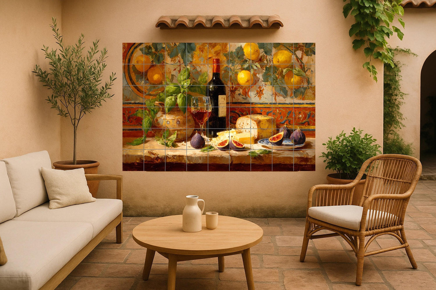 Mediterranean kitchen mural • Still life tile panel with lemons, wine and cheese • Italian rustic food art • Tuscan ceramic decor