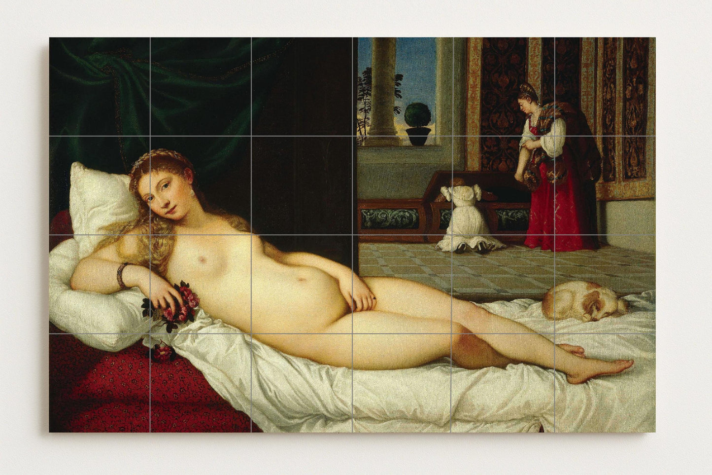 Mural of the Venus of Urbino • Mural art with tiles by Titian • Sensual Renaissance decoration • Panel of Italian nudes • Classical beauty ceramics • Art history dressing table