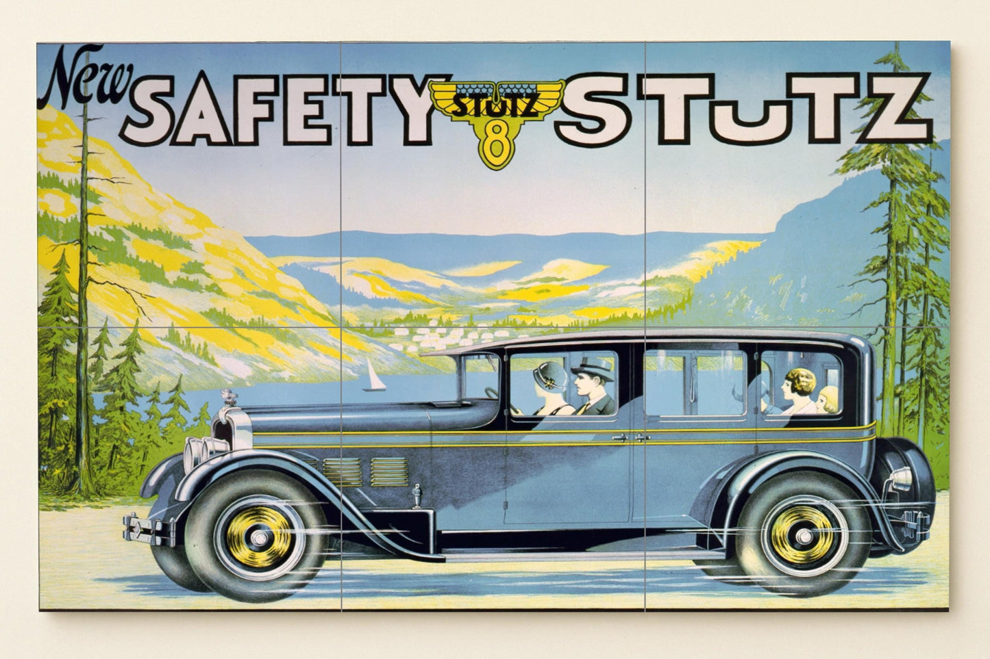 Art Deco Car Mural • Stutz Safety 8-Tile Panel • Vintage Car Ceramic Advertisement • 1920s Luxury Car Artwork • Retro Driving Decor • Age of Speed Wall