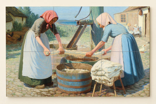 Nordic farmhouse mural • Rustic linen wash tile art • Village work scene panel • Coastal housewife pottery • Rural women's daily chores decor