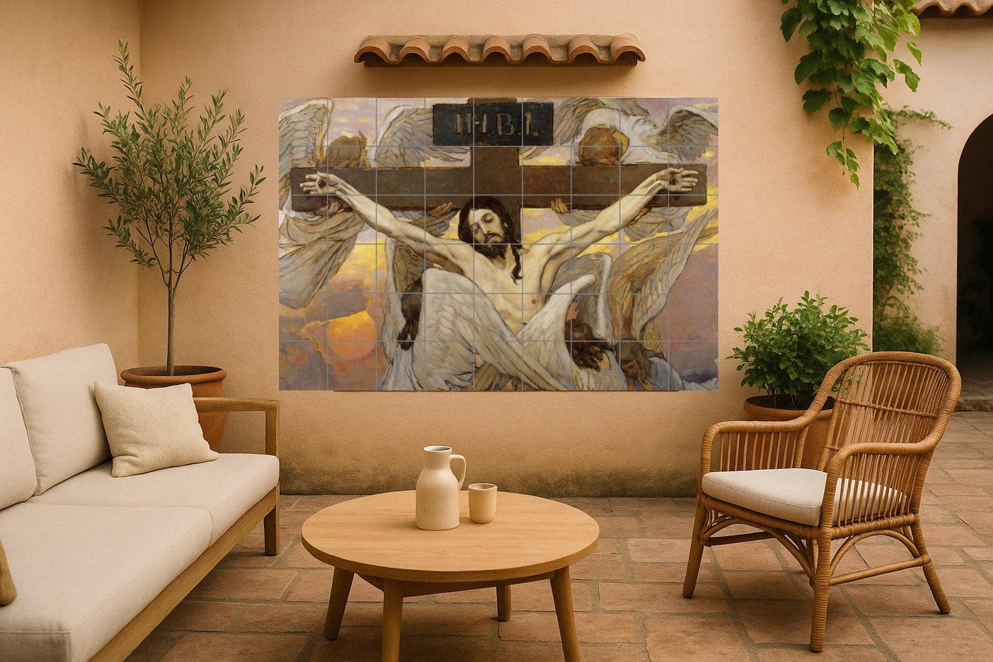 Crucifixion Mural • Tile mural art with angelic witnesses • Christ's Sacrifice panel • Sacred INRI ceramic • Christian redemption decoration • Divine sorrow