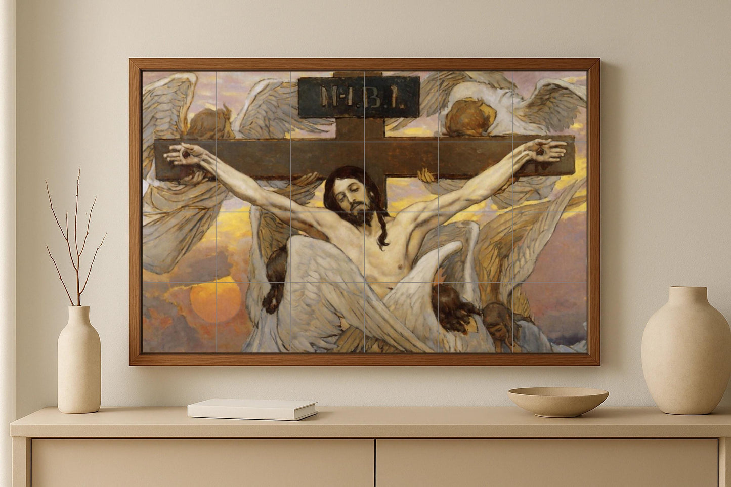 Crucifixion Mural • Tile mural art with angelic witnesses • Christ's Sacrifice panel • Sacred INRI ceramic • Christian redemption decoration • Divine sorrow