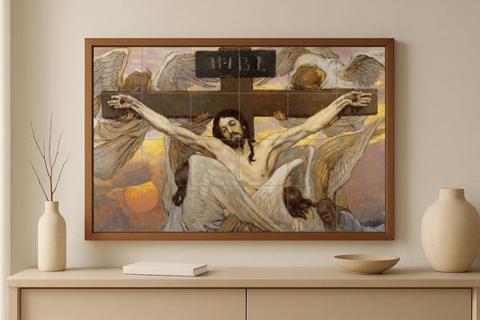 Crucifixion Mural • Tile mural art with angelic witnesses • Christ's Sacrifice panel • Sacred INRI ceramic • Christian redemption decoration • Divine sorrow