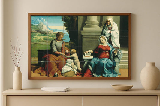 Holy Family Mural • Sacred Renaissance Tile Mural Art • Biblical Panel on Fatherhood • Devotional Christian Ceramics • Italian Faith Decoration
