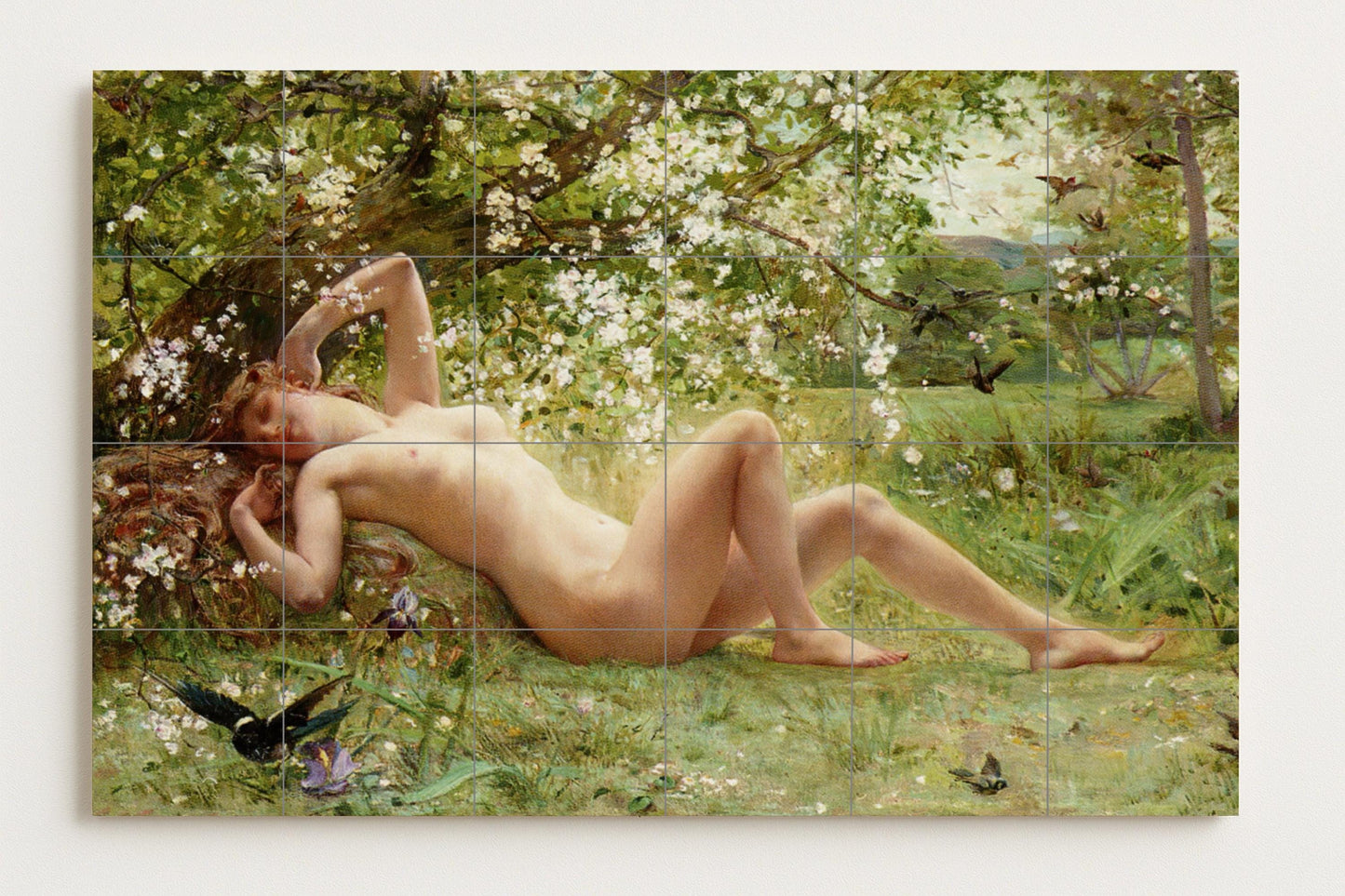 Spring Goddess Mural • Nature Muse Tile Panel • Mythical Nude Ceramic • Classical Floral Setting • Arcadian Dream Decoration • Flower Spirit Wall