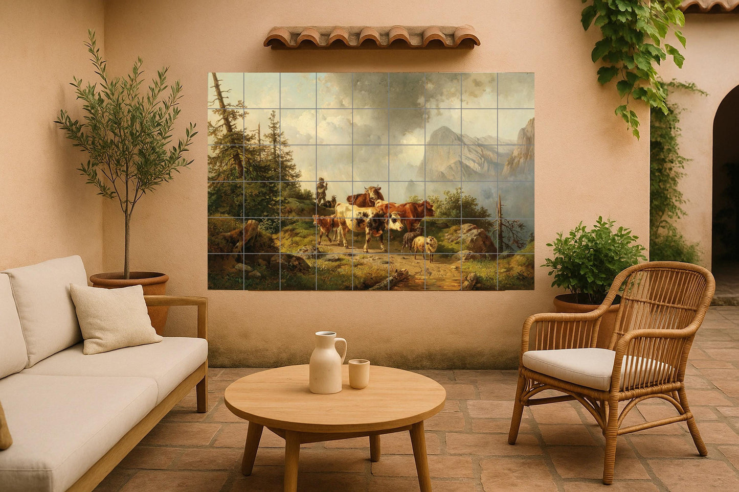 The mountain shepherd's journey: Rustic alpine mural with cattle, pine trees and peaks / Rural landscape art on ceramic tiles