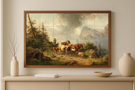 The mountain shepherd's journey: Rustic alpine mural with cattle, pine trees and peaks / Rural landscape art on ceramic tiles