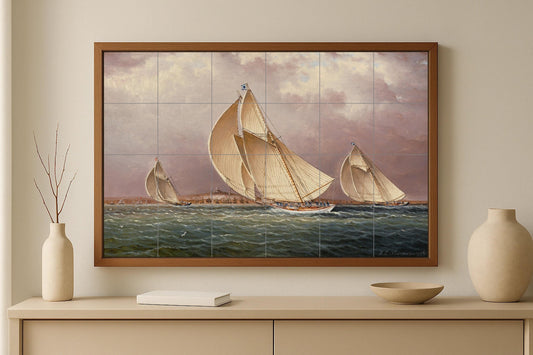 Great Regatta tile mural • Vintage yacht regatta wall art • Classic sailboats at sea • Maritime ceramic panel decoration
